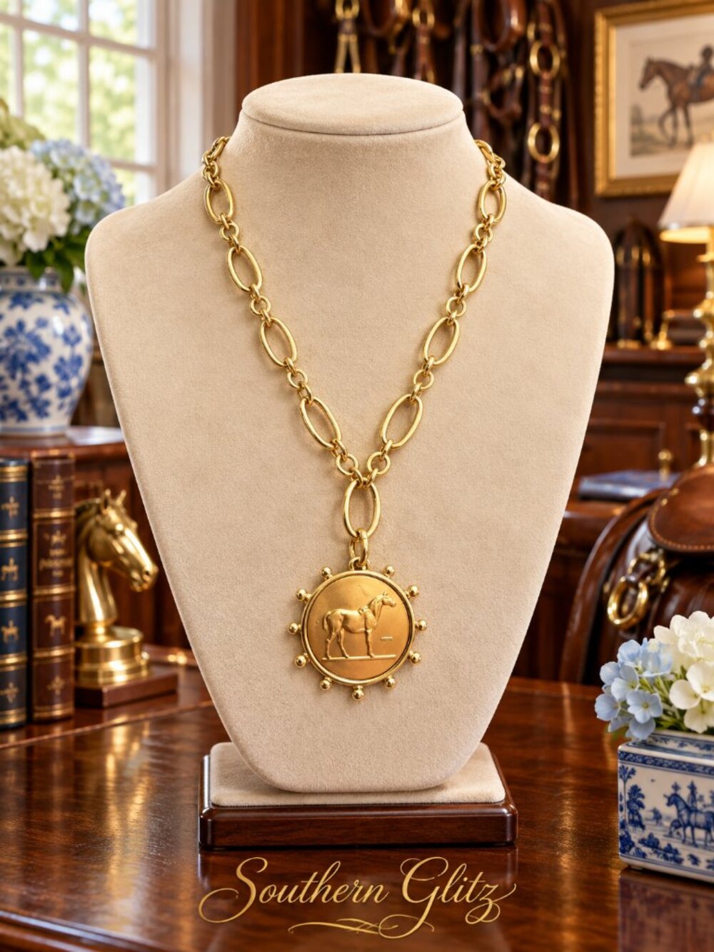 Gold Horse Medallion Necklace, Equestrian Statement Necklace, Horse Lover Jewelr